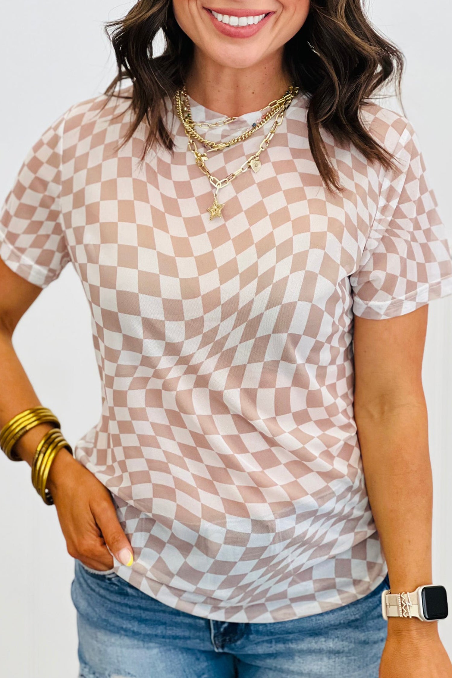 Purple Checkered Print Mock Neck Mesh T Shirt