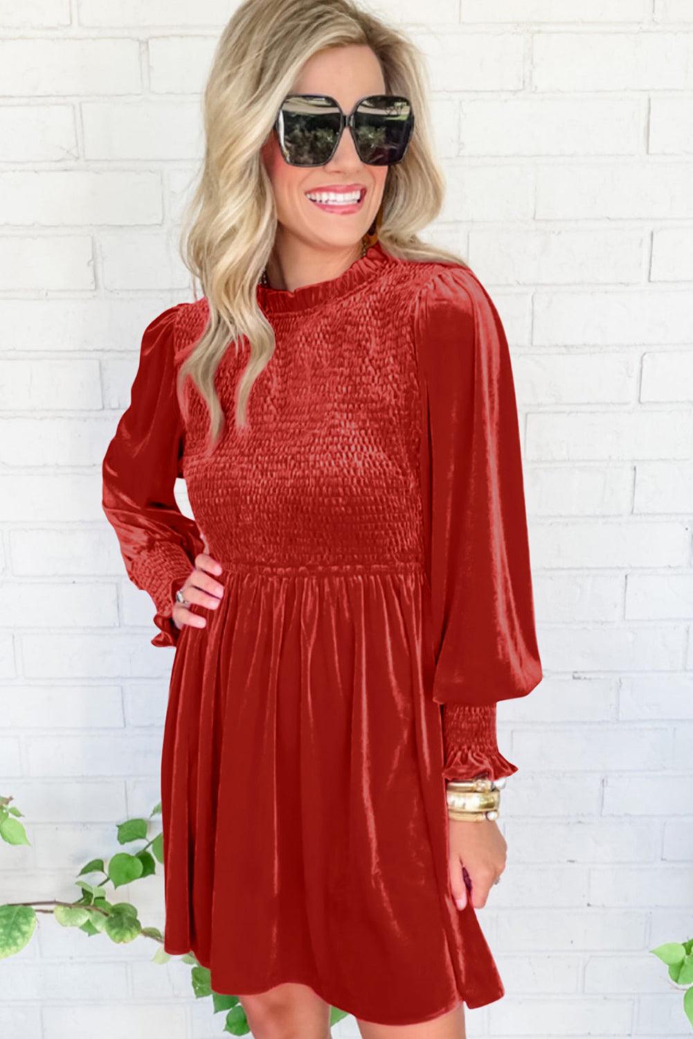 Red Clay Frilled Neck Smocked Bodice Velvet Dress - L & M Kee, LLC