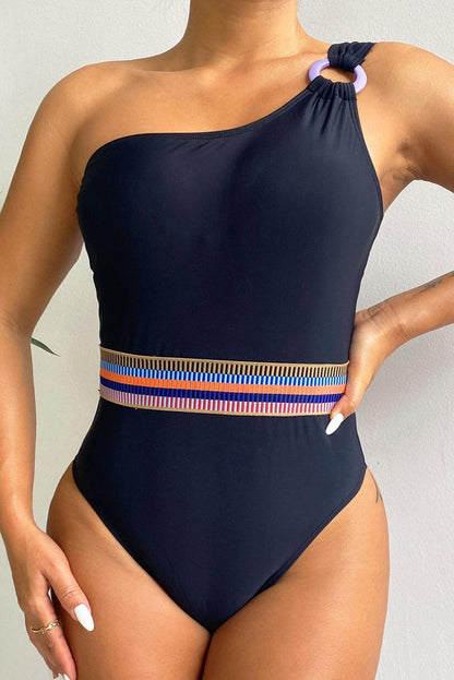 Black One Shoulder Strap Printed Waist One-Piece Swimsuit - L & M Kee, LLC