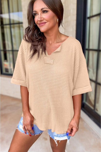 Parchment Textured Knit Split Neck Cuffed Short Sleeve Top - L & M Kee, LLC