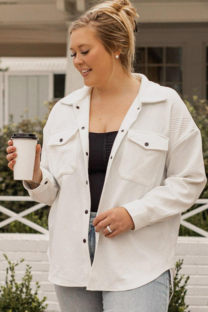 Beige Plus Size Textured Flap Pockets Jacket - L & M Kee, LLC