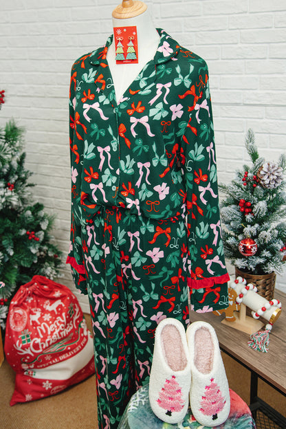 Green Festive Bow Print 2pcs Pajama Pant Set
