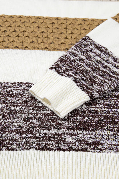 Brown Mixed Texture Knit Striped Color Block Loose Sweater