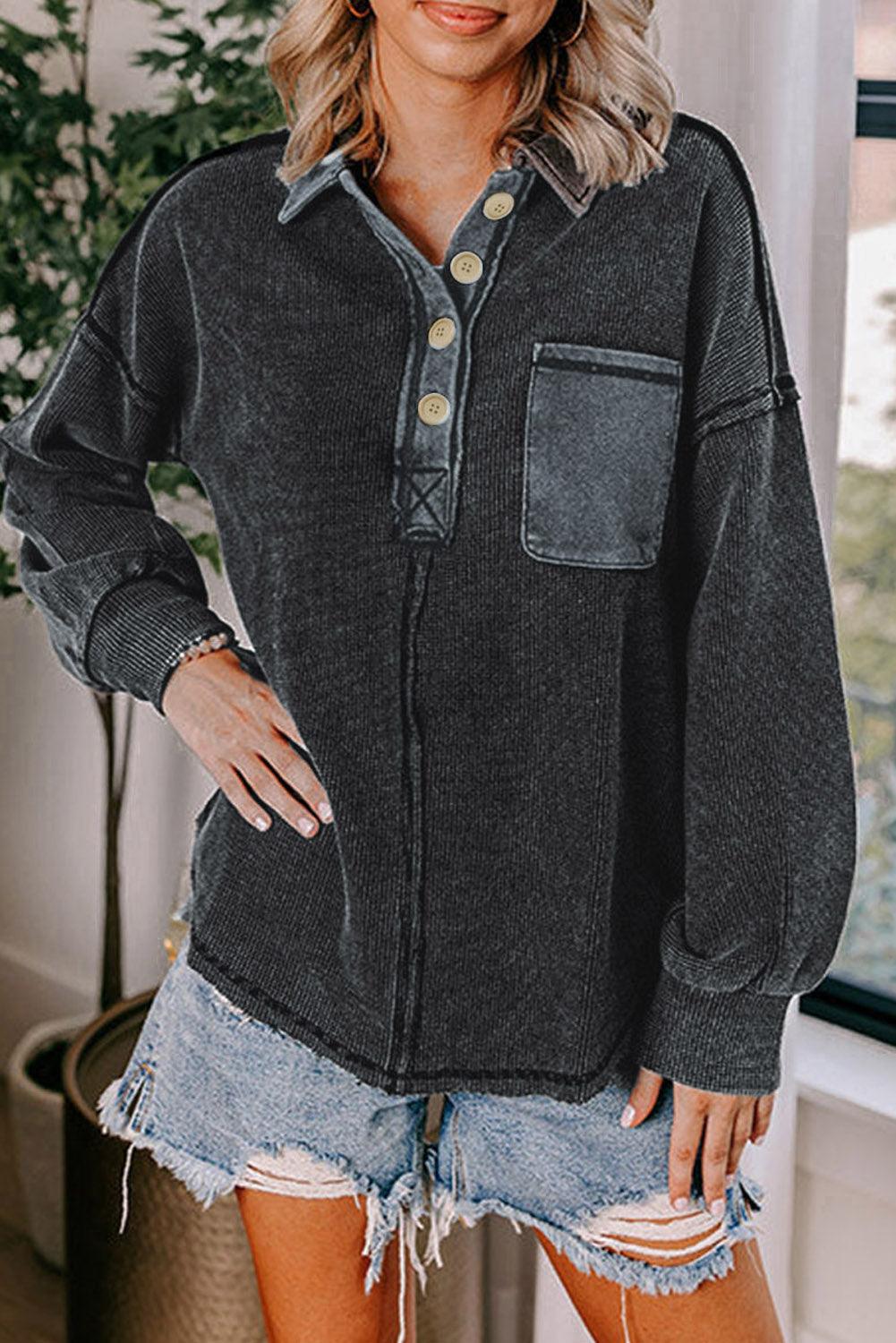 Black Waffle Exposed Seam Pocket Henley Sweatshirt - L & M Kee, LLC