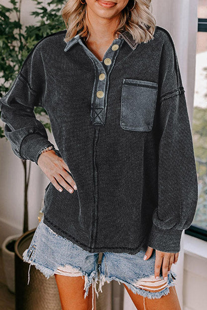 Black Waffle Exposed Seam Pocket Henley Sweatshirt - L & M Kee, LLC