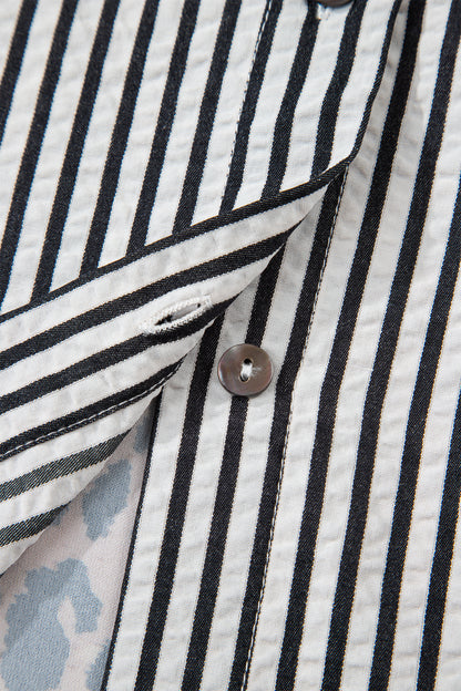 Black Striped Leopard Print Patchwork Button Up Womens Shirt