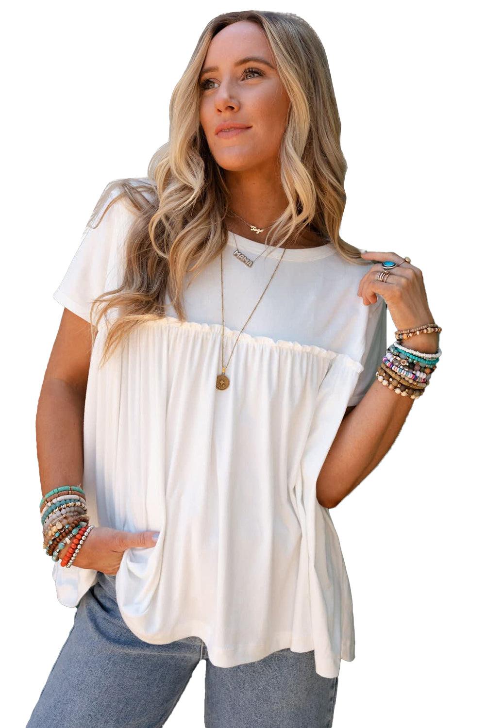 White Ruffled Trim Loose Babydoll Tee - L & M Kee, LLC