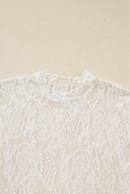 White Sheer Lace Mesh Mock Neck Slim Fit Long Sleeve Top