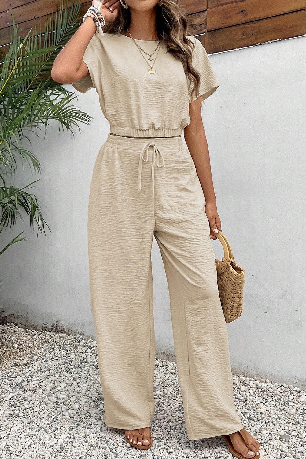 Beige Crinkled Elastic Hem Crop Tee and Wide Leg Pants Set - L & M Kee, LLC