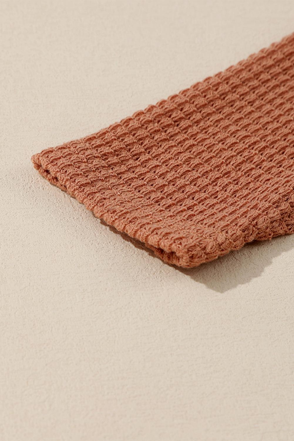 Brown Waffled Knit Thumb Sleeve Pocketed Cardigan - L & M Kee, LLC