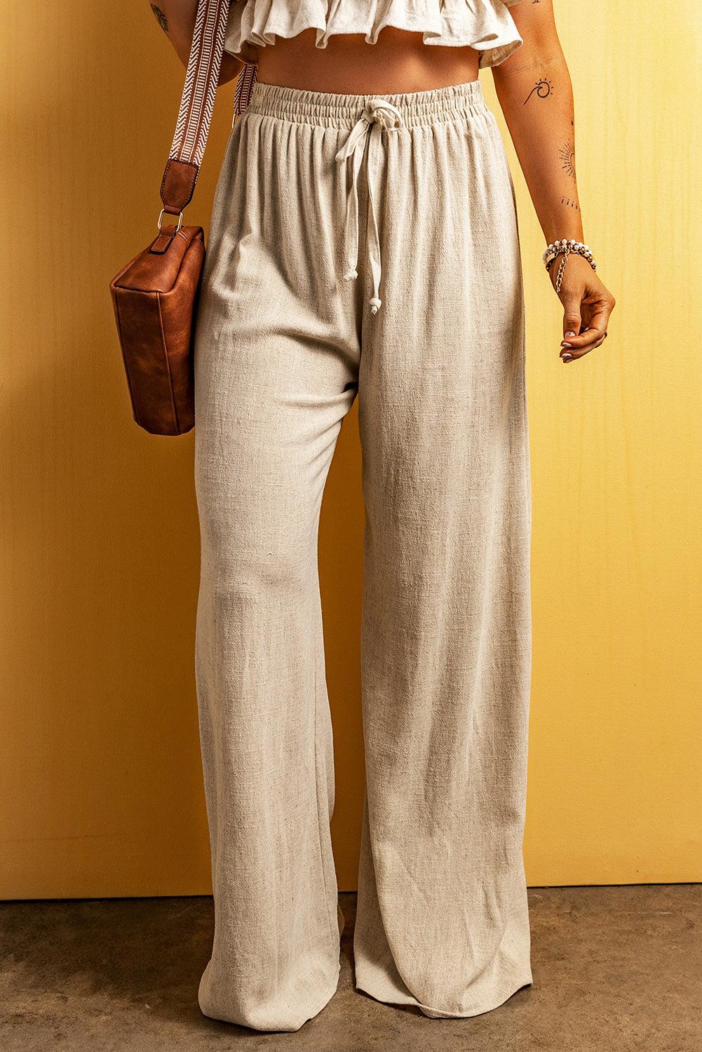 Apricot Lace-up Waist Floor Length Wide Leg Casual Pants - L & M Kee, LLC