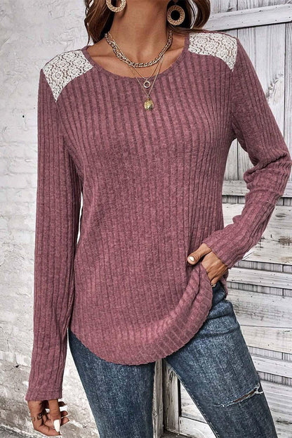 Pink Ribbed Knit Lace Patch Shoulder Casual Sweater - L & M Kee, LLC