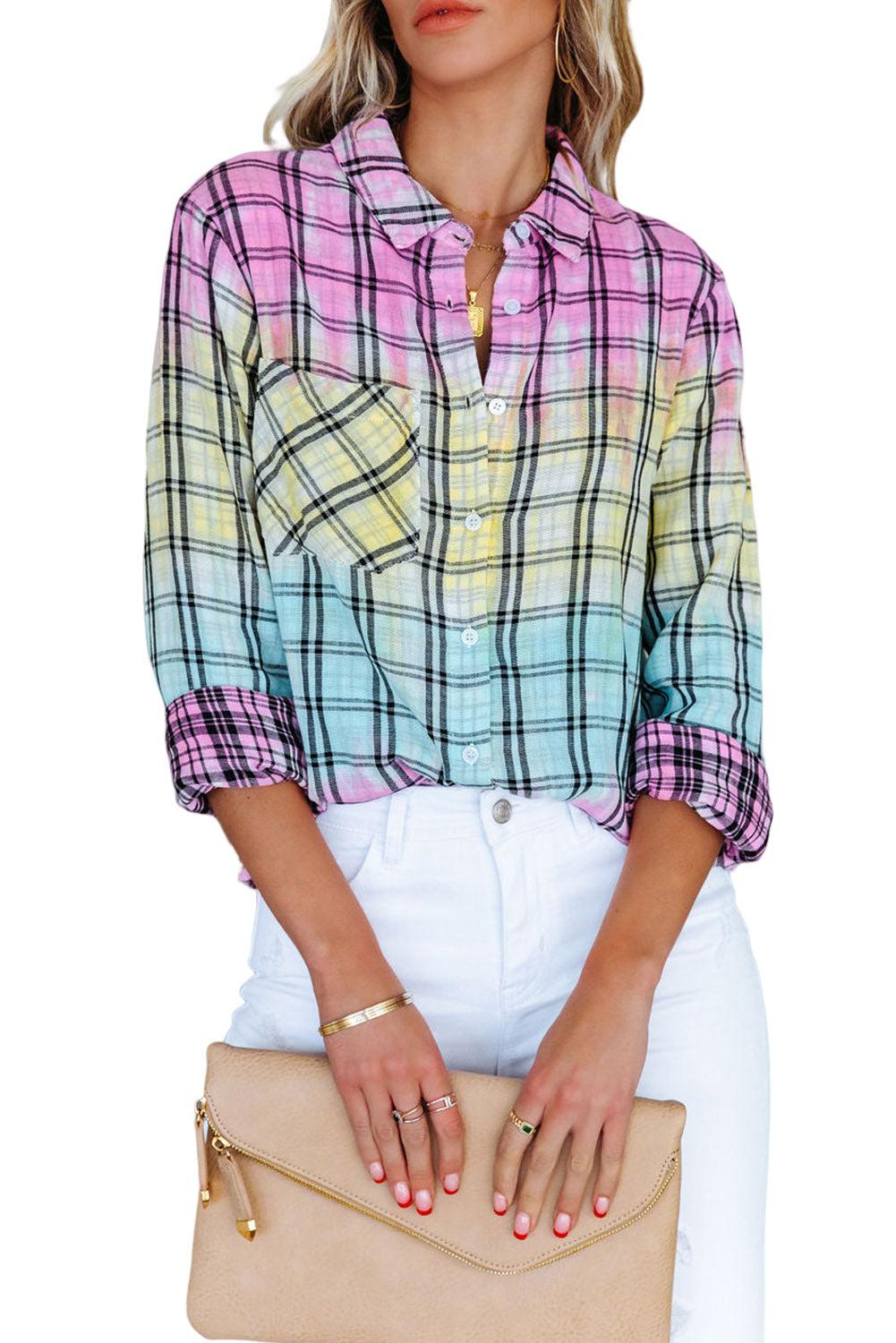 Multicolor Tie Dye Plaid Button Up Shirt - L & M Kee, LLC