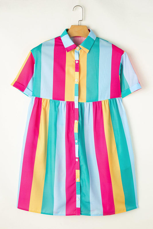 Rose Stripe Colorblock Short Sleeve Mini Shirt Dress - L & M Kee, LLC