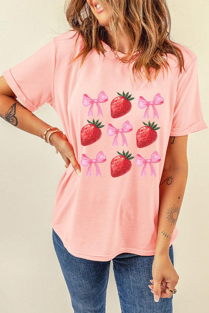 Pink Strawberry & Bowknot Graphic T Shirt - L & M Kee, LLC