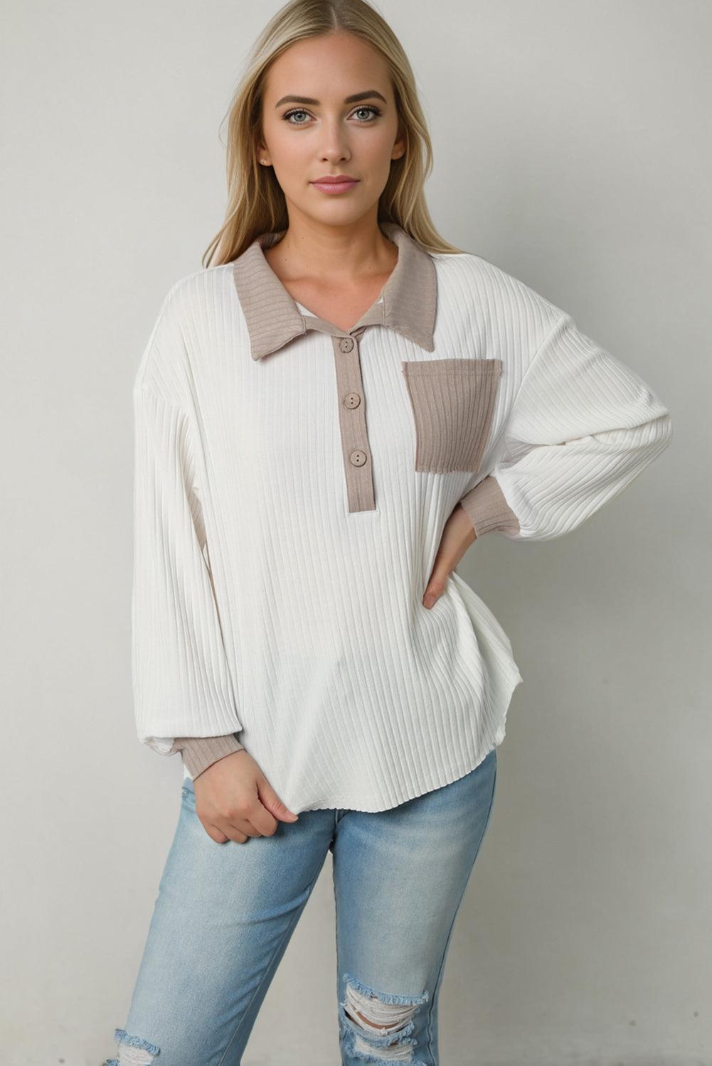 White Contrast Trim Buttons Collared Neck Ribbed Knit Top - L & M Kee, LLC