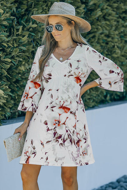 V Neck 3/4 Sleeve Floral Dress - L & M Kee, LLC