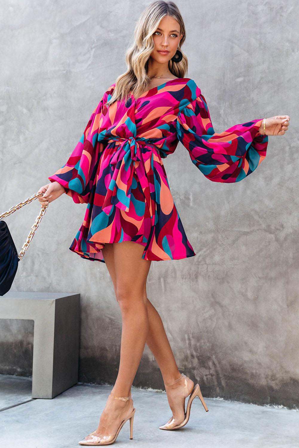 Abstract Printed Belted Puff Sleeve Mini Dress - L & M Kee, LLC