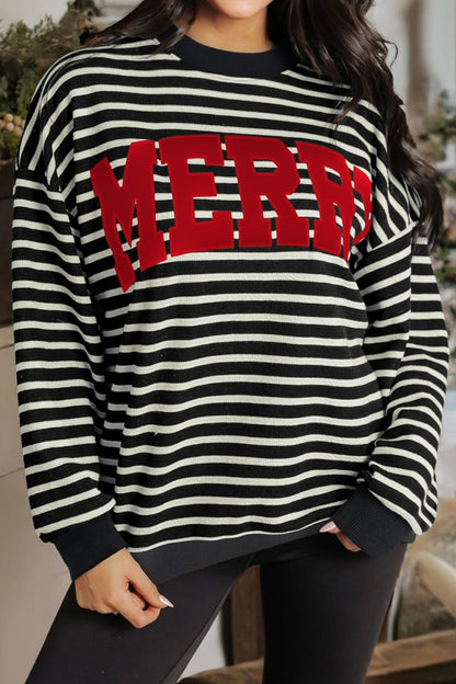 White Stripe Contrast MERRY Letter Christmas Print Drop Shoulder Sweatshirt