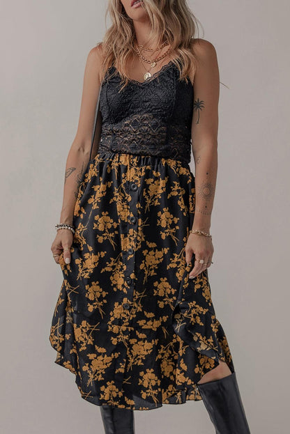 Black Printed Elastic Waist Button Decor Floral Ruffle Skirt - L & M Kee, LLC