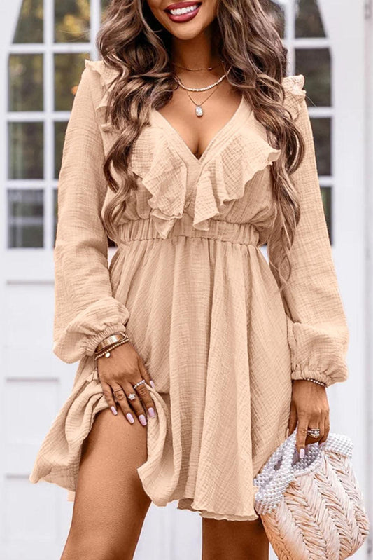 Khaki Textured Ruffled V Neck High Waist Mini Dress - L & M Kee, LLC