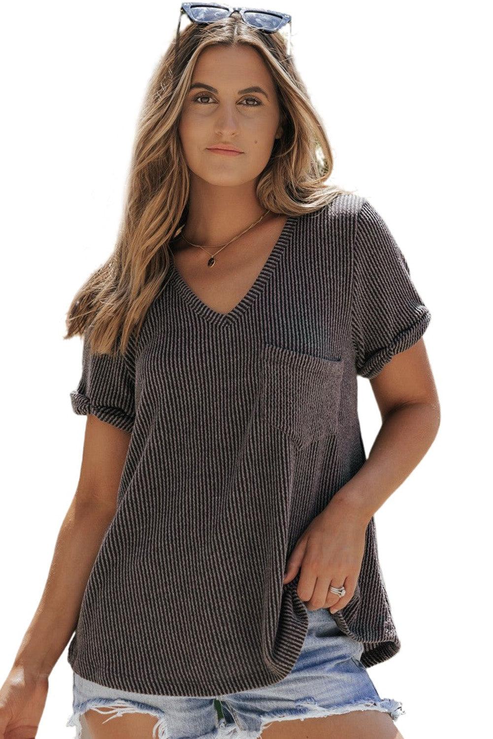 Carbon Grey Twist Short Sleeve Corded V Neck Top - L & M Kee, LLC