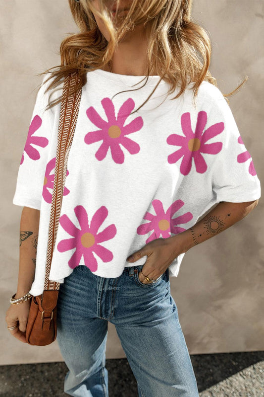 White Daisy Flower Printed Casual T Shirt - L & M Kee, LLC