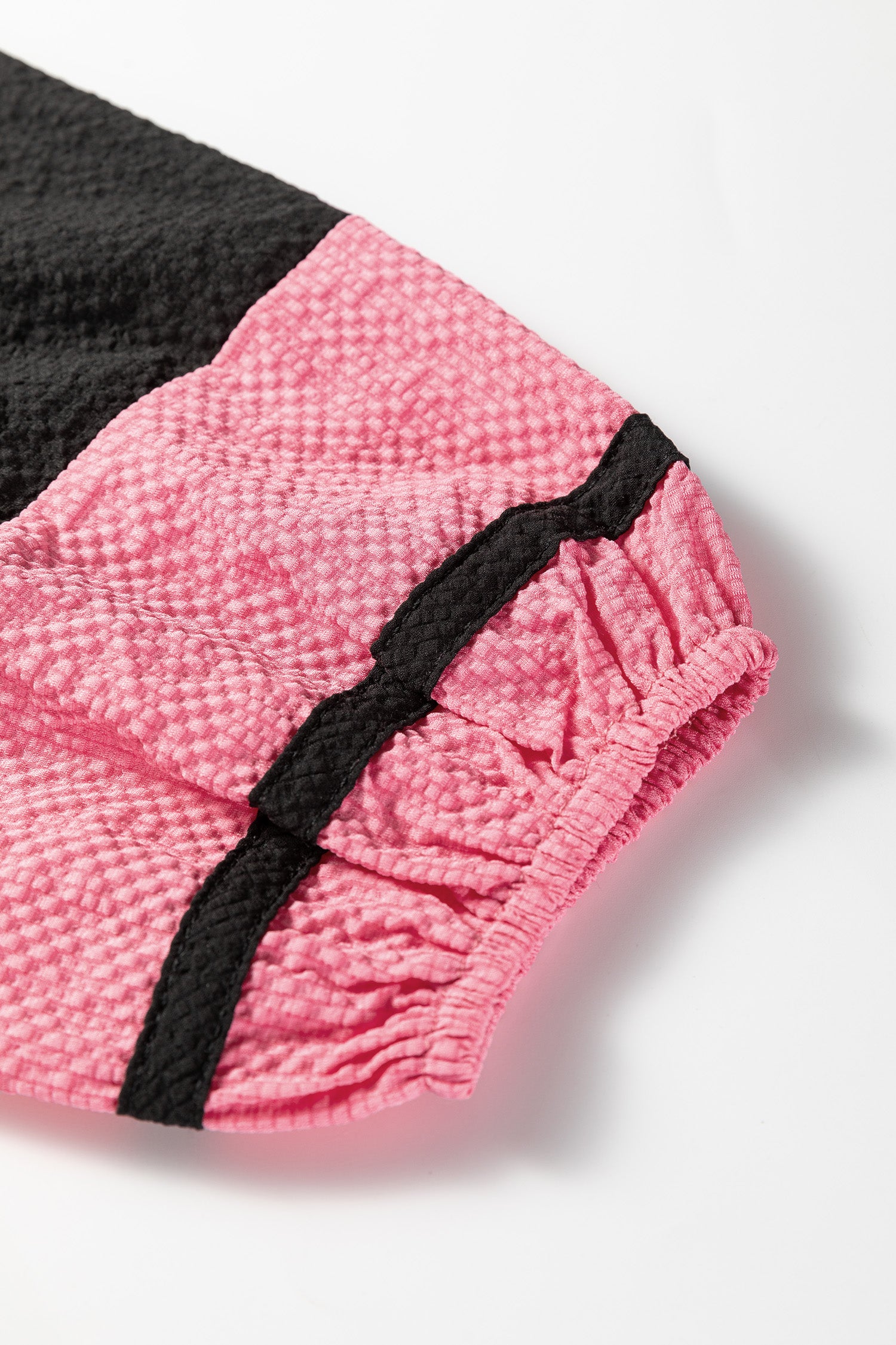 Black Color Block Patchwork Detail V Neck Textured Long Sleeve Blouse