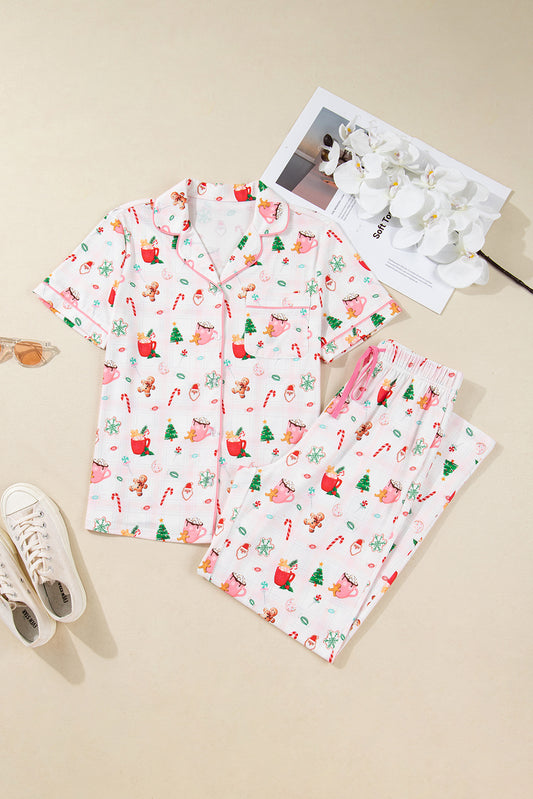 Pink Christmas Spirit Cute Holiday Print Short Sleeve Shirt and Pants 2pcs Pajama Set