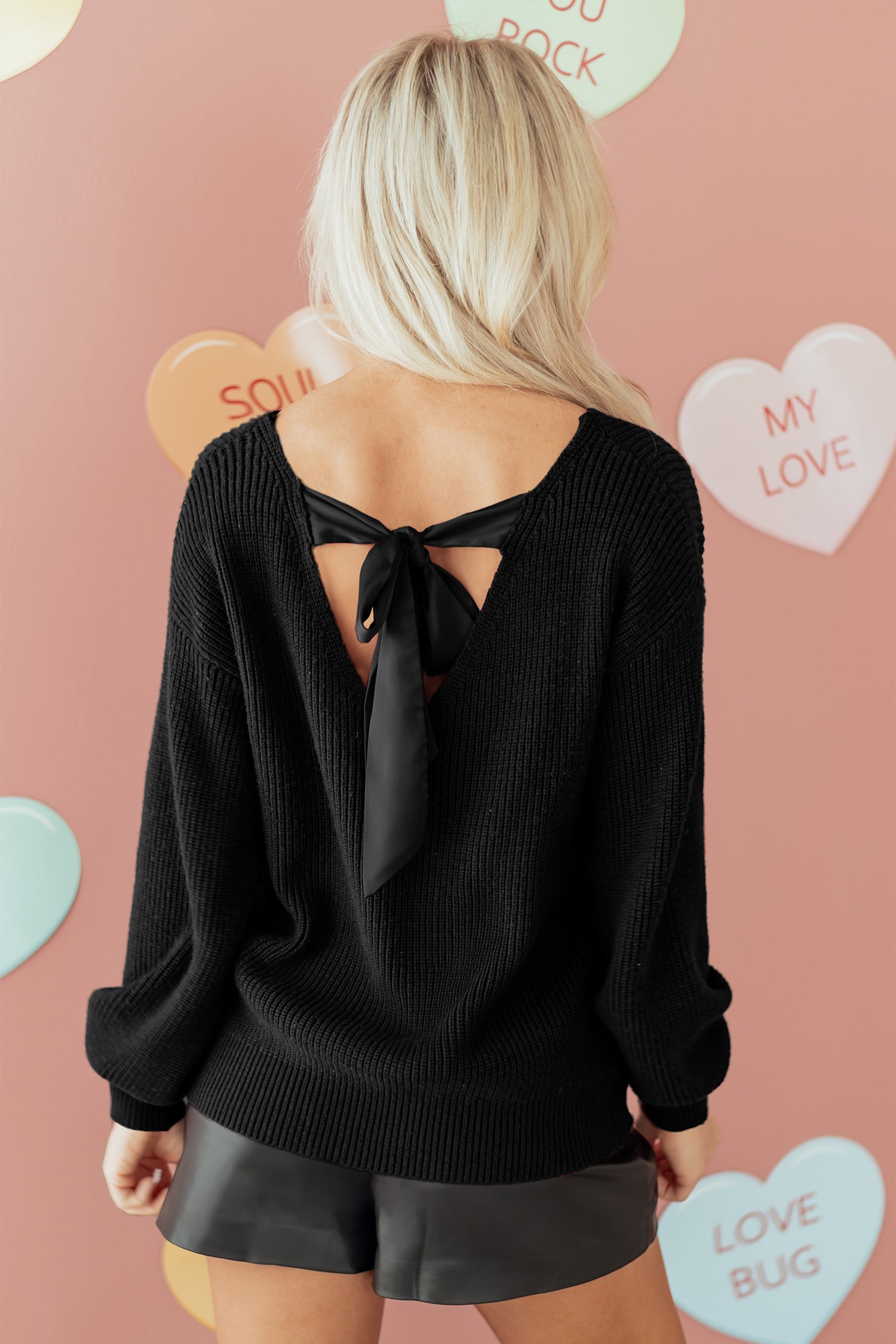 Black Ribbed Knit Ribbon Knot Backless Drop Shoulder Sweater