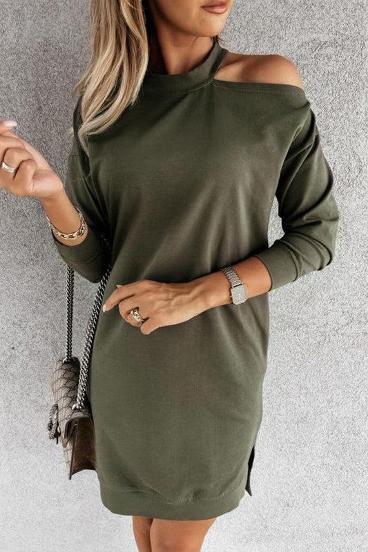 Green Single Cold Shoulder T-shirt Dress with Slits - L & M Kee, LLC