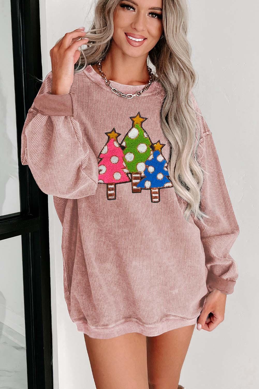 Pink Vintage Wash Sequined Christmas Tree Corded Sweatshirt - L & M Kee, LLC