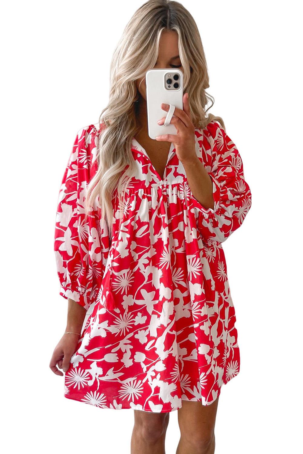 Floral Print Puff Sleeve Split Neck Babydoll Mini Dress - L & M Kee, LLC