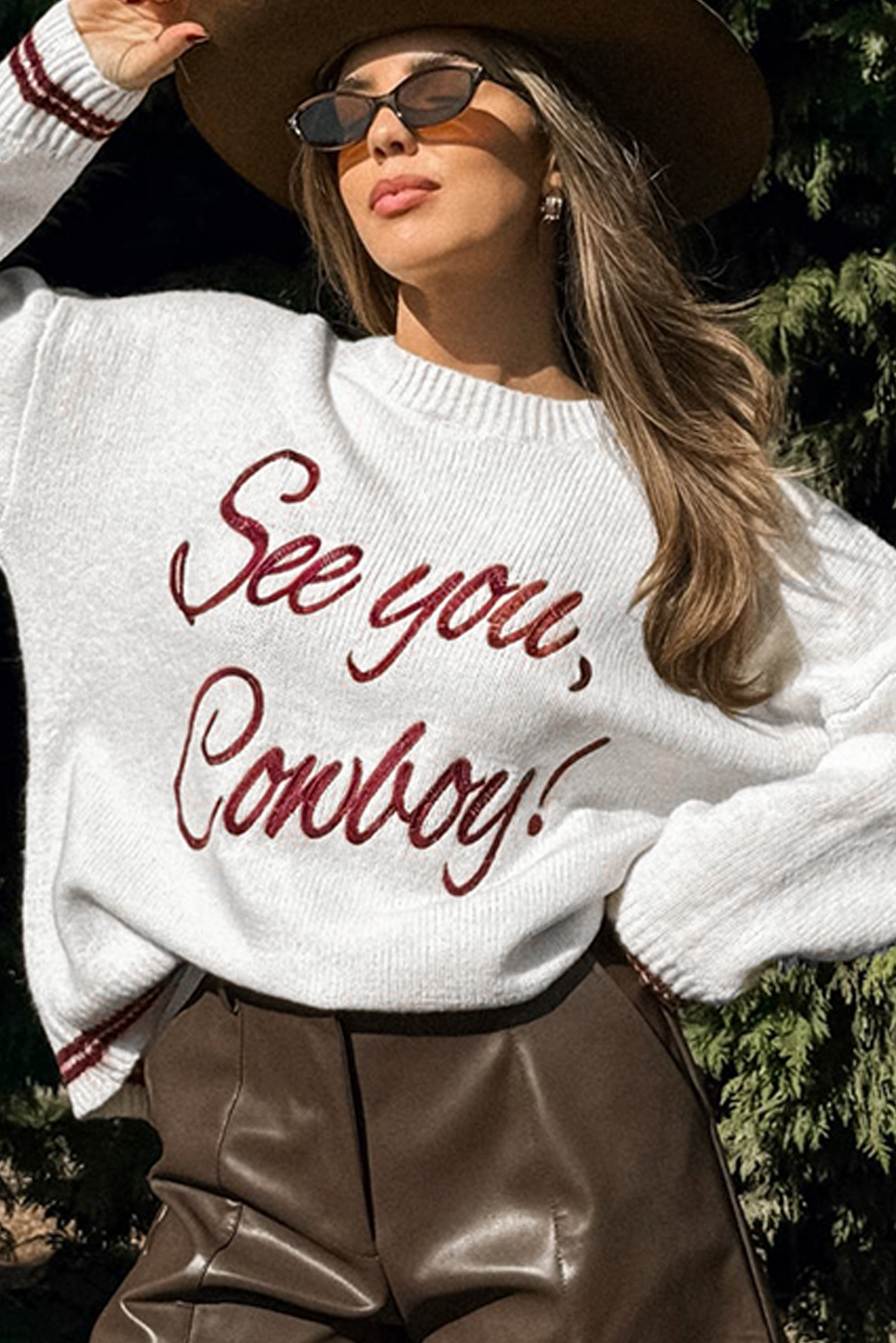 White See You Cowboy Embroidered Western Graphic Sweater