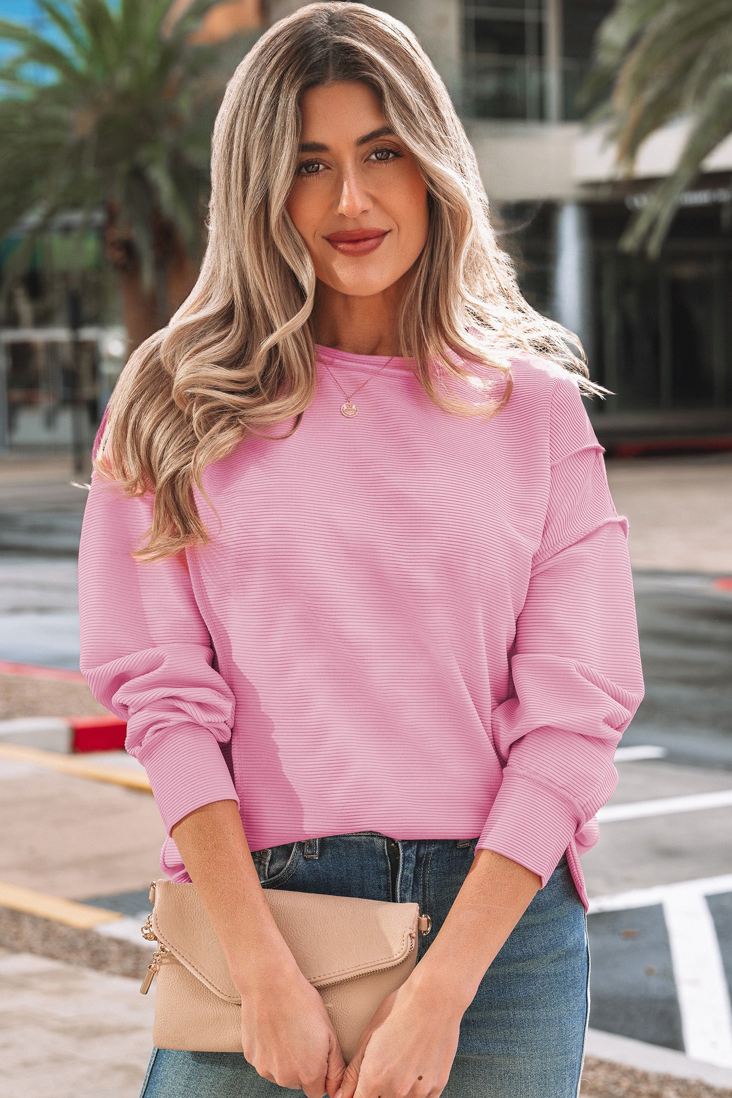 Pink Horizontal Ribbed Exposed Seam Detail Drop Shoulder Baggy Pullover