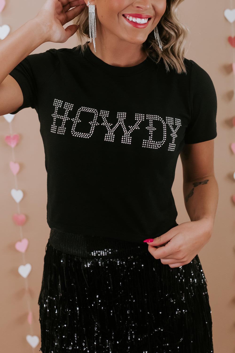 Black HOWDY Rhinestone Slim Fit Crew Neck T Shirt - L & M Kee, LLC