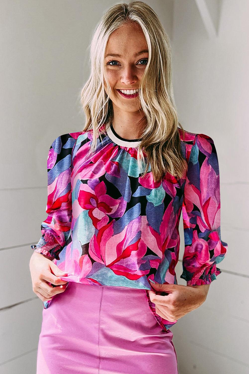 Multicolor Floral Print Ruched Sleeve Puff Sleeve Blouse - L & M Kee, LLC