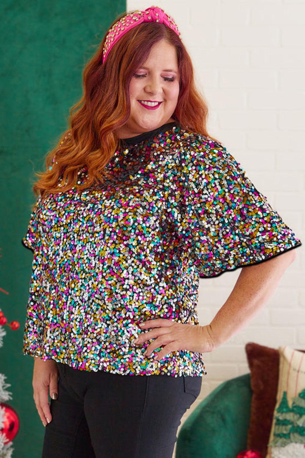 Silvery Vibrant Sequin Plus Size Short Sleeve Top - L & M Kee, LLC