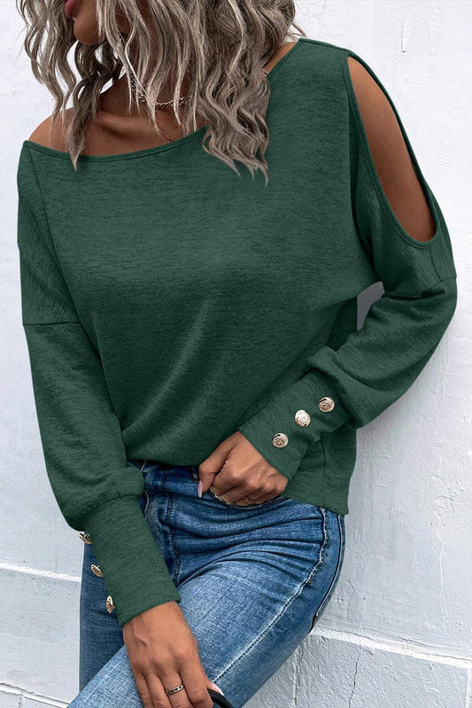 Green Asymmetrical Cut Out Buttoned Long Sleeve Top - L & M Kee, LLC