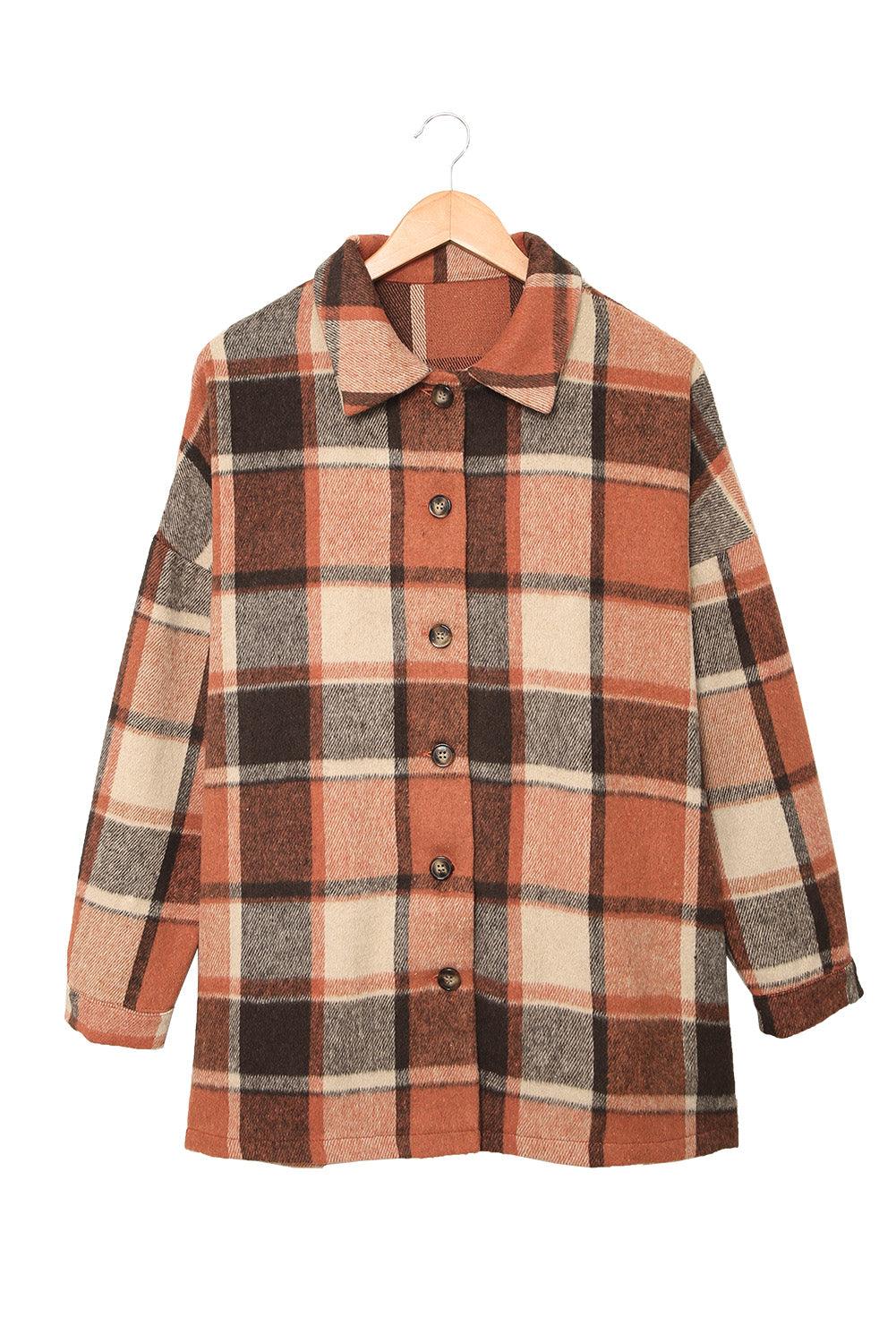 Orange Plaid Print Buttoned Shirt Jacket - L & M Kee, LLC