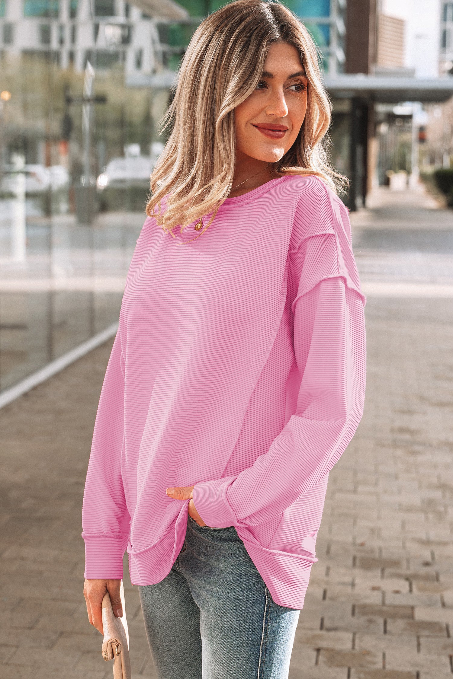 Pink Horizontal Ribbed Exposed Seam Detail Drop Shoulder Baggy Pullover