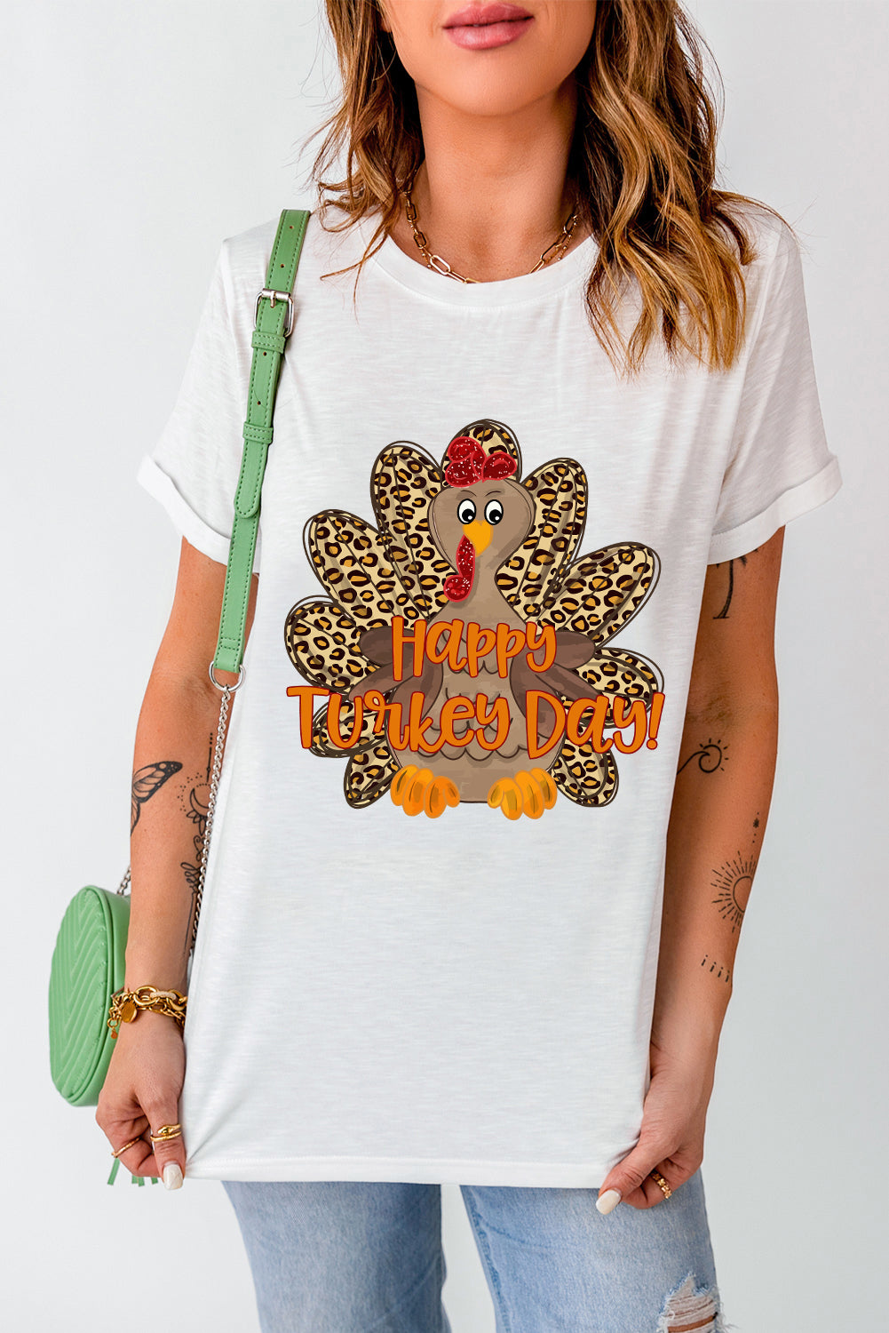 White Happy Turkey Day Leopard Print Crew Neck Loose T Shirt