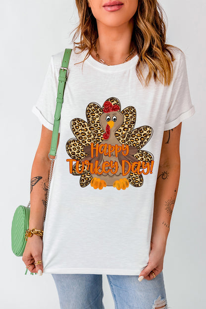 White Happy Turkey Day Leopard Print Crew Neck Loose T Shirt