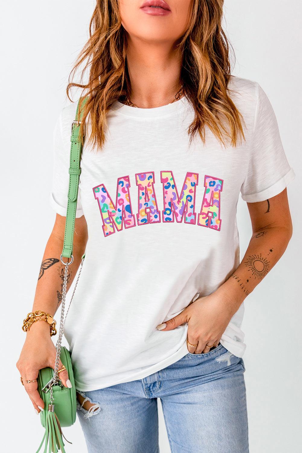White MAMA Leopard Embroidered Crew Neck Graphic Tee - L & M Kee, LLC
