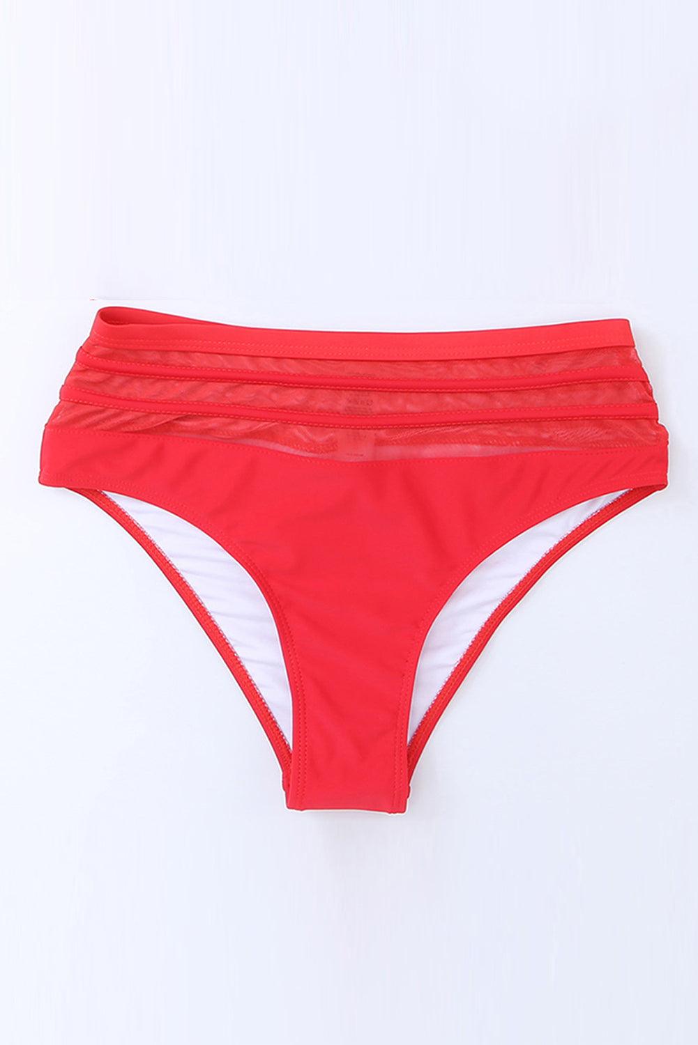 Fiery Red Mesh Striped High Waist Bikini Bottoms - L & M Kee, LLC