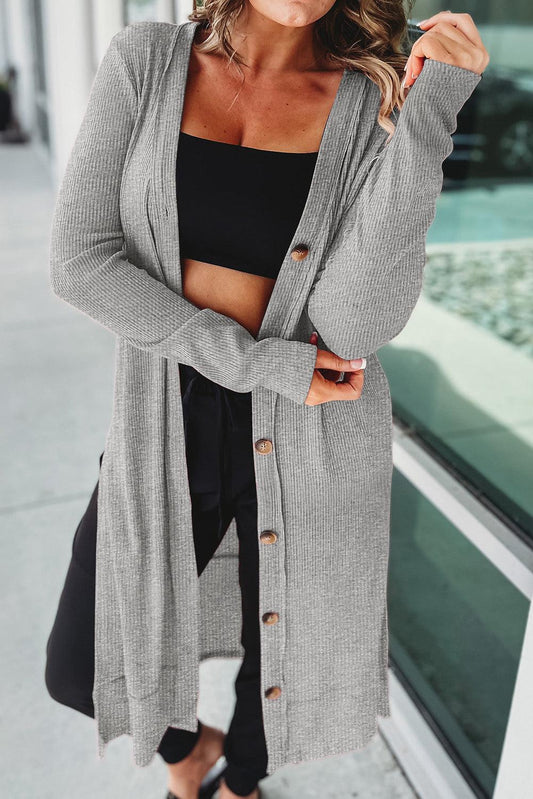 Gray Ribbed Button-Up Split Duster Cardigan - L & M Kee, LLC