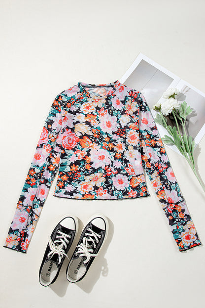 Orange Floral Mesh Slim Long Sleeve Crop Top