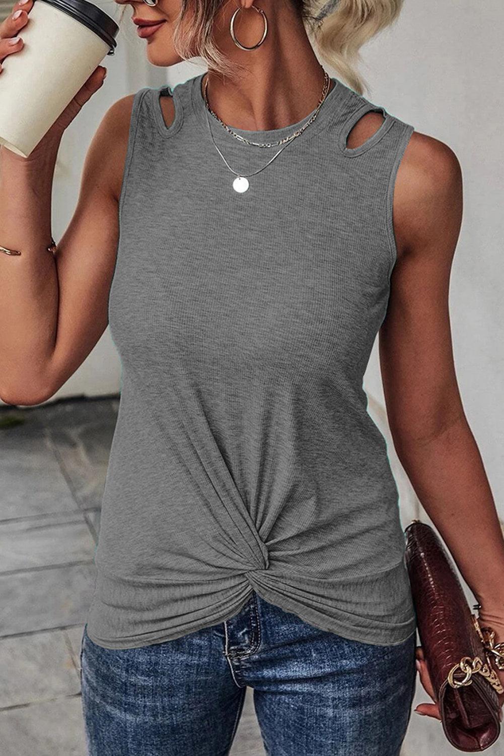 Rib Knit Cut-out Front Twist Tank Top - L & M Kee, LLC