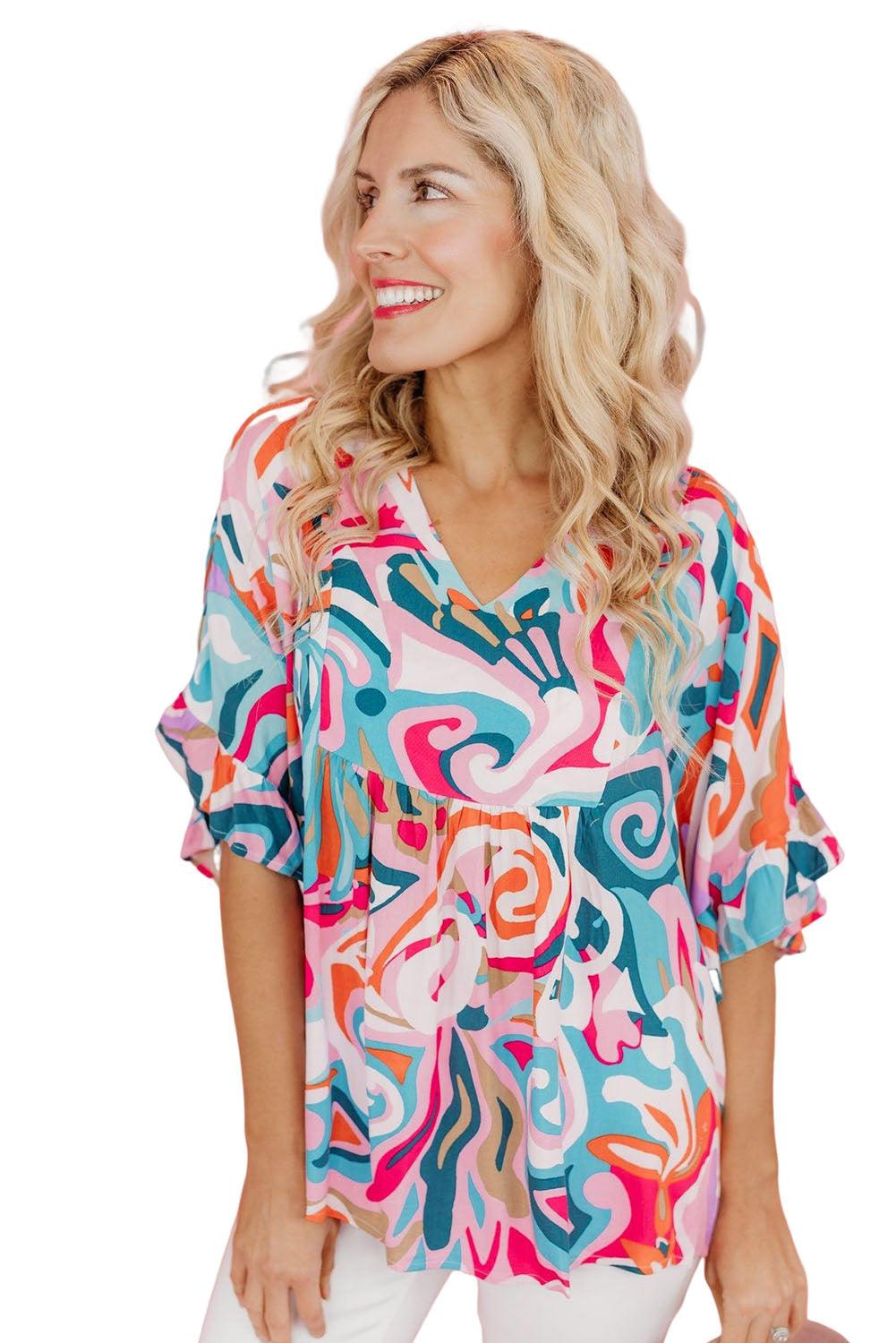 Abstract Print Ruffle V Neck Blouse - L & M Kee, LLC