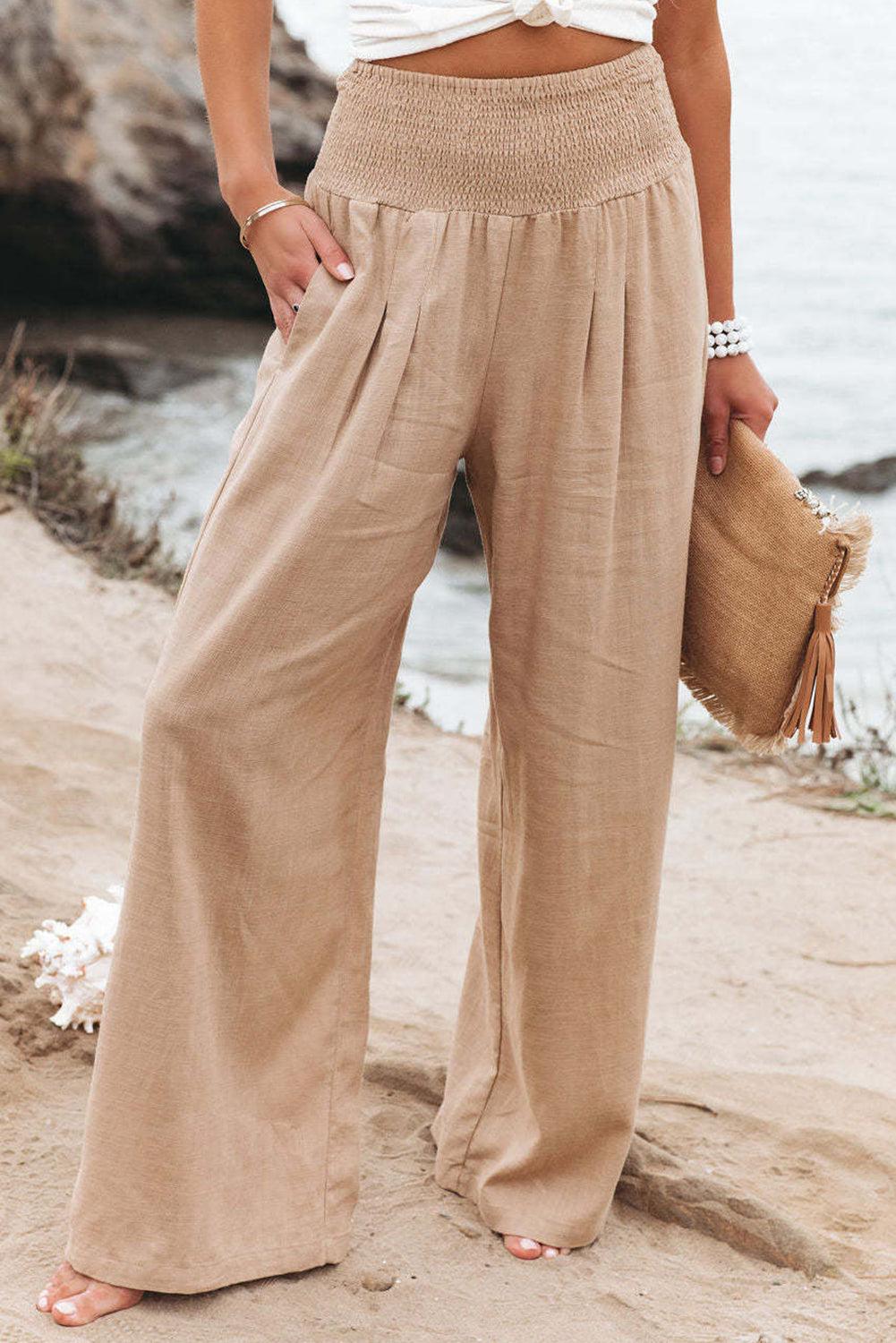 Khaki Smocked Wide Waistband High Waist Wide Leg Pants - L & M Kee, LLC